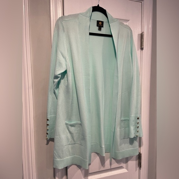 JM Collection Size LP Seafoam Open Front Gold Button Cuff Cardigan Lightweight - Picture 3 of 13